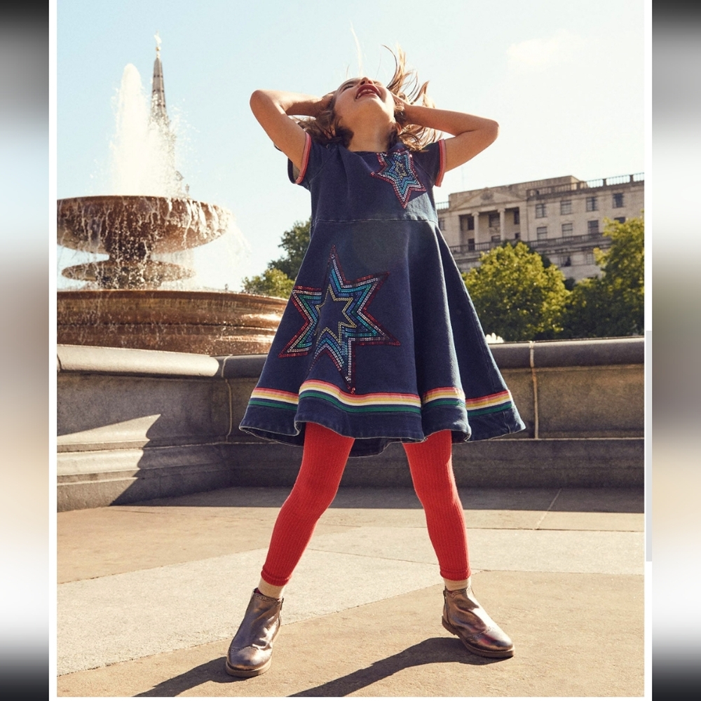Mini Boden Denim Rainbow Sequin Star Dress Size 140cm 9-10 Years